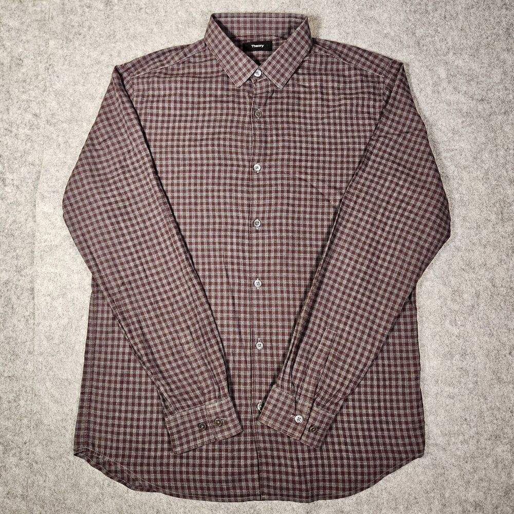 Theory Mens Murray Red Gray Gingham Button Up Shirt Grunge Rustic Classic Size M
